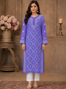 Elegant Traditional Georgette Chikankari <b>Kurti</b> - Purple Lucknowi Thread Embroidered Women Festive And Casual Wear <b>Kurti</b> - Product Image 1