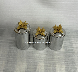 Handcrafted Silver & Gold Tone Hammered Metal Canister with Artisan Butterfly Motif <b>Decorative</b> Countertop Storage <b>Jars</b>/Container - Product Image 3