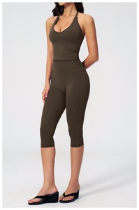 Seamless yoga wear set Breathable <b>crop</b> <b>top</b> shorts High waist yoga shorts Scoop neck racerback <b>top</b> - Product Image 2