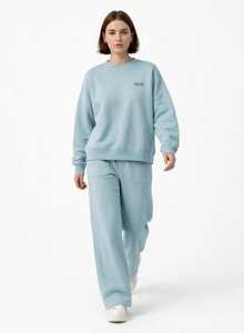 Ensemble de survêtement décontracté 2 pièces pour femme en coton imprimé bleu clair, sweat-shirt à col roulé et pantalon large longueur pleine - Product Image 5