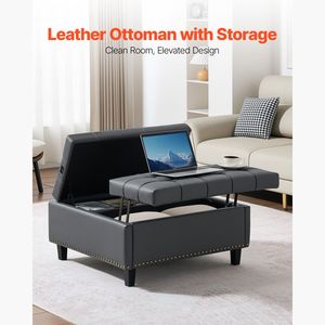 Pouf in Pelle Trapuntata con Contenitore, Tavolino da Caffè Quadrato 31 Pollici, Design con Coperchio Ribaltabile in Pelle PU - Product Image 2