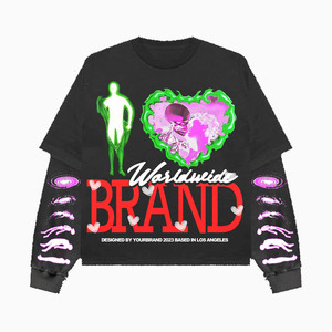 Camiseta de doble capa de mezcla de algodón, negra, con gráfico de vida silvestre, diseño de logotipo personalizado con impresión en relieve, camiseta elegante de doble capa para hombre - Product Image 4
