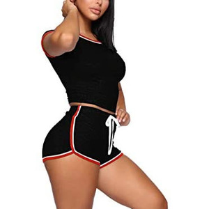 Women's Black <b>Red</b> White Trim 2-Piece Shorts Set Sporty <b>Crop</b> <b>Top</b> With Drawstring Shorts Spring Summer Casual Wear - Product Image 6