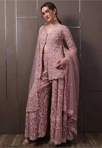Ensemble Sharara rose en faux georgette avec broderie florale, manches longues, élégant, tenue de soirée longue, combinaison de mariage pour femme - Product Image 6