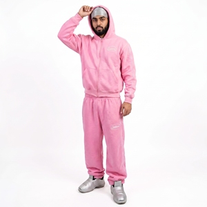 Wholesale Custom Heavy Terry Fabric Mens Autumn Streetwear All Over Printed Side Stripe Zip-Up Hoodie Sweatpants Set - Product Image 3