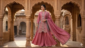 Conjunto de Kurta y Palazzo Largo Bordado para Mujer al por Mayor con Dupatta |   Traje Étnico de Seda Romana Viscosa Premium |   Boda Diwali - Product Image 5