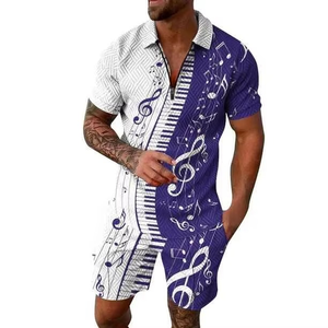 Conjunto de 2 piezas para hombre, camisa de manga corta con cuello medio cremallera y pantalones cortos, cómodo y sencillo, ropa informal de playa para verano. - Product Image 1