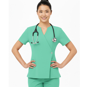 Conjunto de Uniforme Médico Moderno Unisex con Parte Superior Cruzada con Broches Laterales y Pantalones con Cintura Elástica de Spandex/Algodón, Uniforme Profesional para Enfermeras - Product Image 1