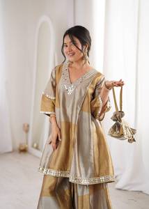 Gold Beige Modern Ethnic Co-Ord Set Women Embroidered Flared Kurta with Wide Palazzo Pants Designer Party Wear - Product Image 5