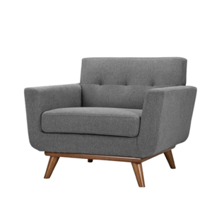 Fauteuil moderne en tissu gris avec pieds en bois, dossier capitonné, chaise de salon, design mid-century, mobilier de loisirs - Product Image 1