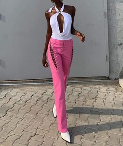 Pink High Waist Gothic Leather <b>Pants</b> Lace-Up Hollow Design <b>Y2K</b> Style Winter Straight Full Length Formal Spandex Polyester Fabric - Product Image 2