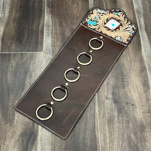 Porte-écharpe en cuir artisanal 2026 avec motif floral turquoise, en cuir de vachette, avec anneau métallique, pour fixation murale - Product Image 5