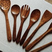 Set Peralatan Makan Kayu Organik 5 Buah Sendok Garpu Alat Penyajian Aman untuk Mesin Cuci Piring Ramah Lingkungan Aksesori Meja Dapur