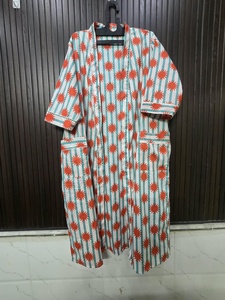 Robe rayée à imprimé soleil pour femmes, manches trois quarts, longueur genou, col en V, fermeture à cordon, douce, 100% coton, tenue d'été décontractée - Product Image 2
