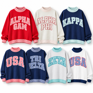 Sudadera extragrande de cuadros vichy personalizada para mujer con apliques de letras universitarias bordadas, jersey de hermandad universitaria, venta al por mayor, marca privada - Product Image 3