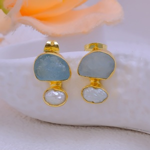 Pendientes de Perlas de Aguamarina Natural con Engaste de Latón Chapado en Oro Rosa, Piedra de Nacimiento de Marzo, Joyería Artesanal de Piedras Preciosas en Bruto al por Mayor - Product Image 3