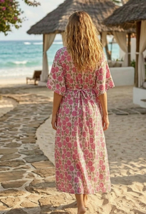Pink Floral Cotton <b>Kaftan</b> Robe V Neck Loose Fit Beach Cover Up <b>Summer</b> Women Loungewear - Product Image 2