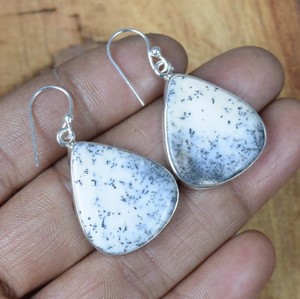 Pendientes Colgantes Hechos a Mano de Plata de Ley 925 Genuina con Gran Cabujón de Pera de Ágata Dendrítica Natural, Estilo Bohemio 1.5-2 - Product Image 5