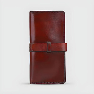 Portefeuille long bifold en cuir véritable pour homme, marron, fait main, décontracté, avec poche zippée et fenêtre pour carte d'identité - Product Image 1