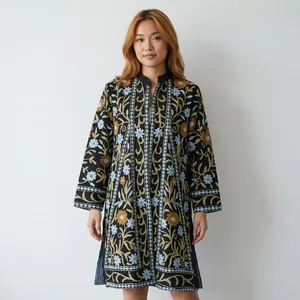 Suzani Embroidered Floral Design Three Quarter Sleeve Reversible Sheep Skin Leather Jacket Ladies Breathable Eco-Friendly Spring - Product Image 2