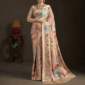 Sari Tradicional de Crepé de Seda con Estampado Floral Digital, Listo para Usar, Blusa Cosida, Ropa Étnica India para Fiestas, Hermoso Estampado - Product Image 1