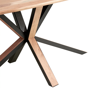 Table de cuisine et de salle à manger moderne au design nouveau, avec pieds en métal en forme de croix d'araignée et plateau en bois d'acacia massif, finition noire et naturelle - Product Image 4