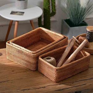 Highest Quality Handmade 3pcs Rattan Storage Baskets Popular Hot Selling Rectangular Wicker Basket Organizer Tabletop Decoration - Product Image 3