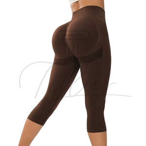 High Waist Ribbed Capri Yoga <b>Leggings</b> With Mesh Panels Seamless Stretchy Workout Pants Solid Color Knee Length Tights - Product Image 6