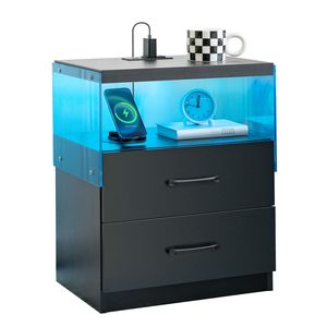 <b>Bedside</b> <b>Table</b> Nightstand with LED Lights Adjustable Light Colors 2 Drawers <b>Black</b> - Product Image 1