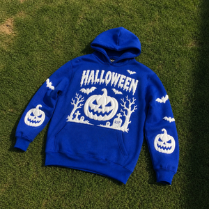 Sudadera con Capucha Personalizada con Gráficos 3D de Halloween para Hombre, Sudadera Azul Rey con Estampado de Calabazas, Murciélagos y Cementerio, de Algodón y Felpa, Estilo Casual - Product Image 6