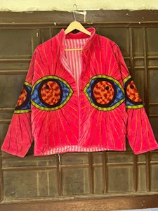 <b>Women</b> Boho Pink <b>Velvet</b> Embroidered Eye Pattern Suzani <b>Jacket</b> Full Sleeve Stand Collar <b>Women's</b> Autumn Outerwear - Product Image 1