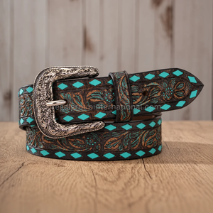 Nuevo Cinturón de Cuero Marrón Oscuro Hecho a Mano para Hombre y Mujer con Diseño Floral de Diamantes Turquesa y Hebilla Plateada Estilo Occidental - Product Image 3