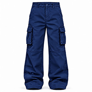 Men's Navy Blue <b>Wide</b> <b>Leg</b> Cargo Pants Mid Waist Button Fly Street Style <b>Trousers</b> With Multiple Pockets - Product Image 1