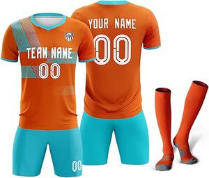 Uniforme de Fútbol Personalizable Naranja con Detalles Azules, Impresión por Transferencia de Calor, Cuello en V, Transpirable e Impermeable, Unisex para Adultos - Product Image 1