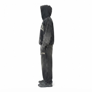 Conjunto de Sudadera con Capucha y Pantalones Deportivos Extra Grandes para Hombre, Color Negro Lavado, Algodón y Felpa, Ropa Deportiva Urbana, Venta al Por Mayor OEM - Product Image 3