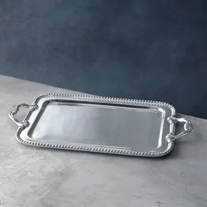 Plateau de service rectangulaire classique en métal, finition argent poli, durable, décoratif, pour occasions de mariage - Product Image 3