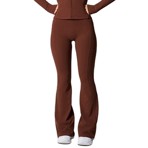 Women Yoga Set Solid Color Full Length <b>Zipper</b> Front 2 Piece High Waist Flared Pants Long Sleeve <b>Top</b> Breathable Spandex Polyester - Product Image 5
