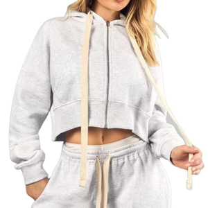 Sweat-shirt à capuche gris pour femme en coton 100% premium, coupe courte, manches longues, fermeture éclair sur le devant, couleur unie, tricoté en mélange de coton - Product Image 1