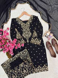 Trending Jet Black Salwar Kameez Gold Threadwork Neck Yoke Scalloped Hem Short Tunic Heavy Work Palazzo Scarf 3 Piece Designer - Product Image 5