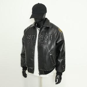 Men Varsity Jacket Black Studded Letter Print Turn <b>Down</b> Collar Zipper Faux Leather Retro Casual Streetwear Varsity Jacket - Product Image 5