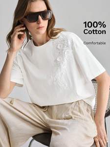 เสื้อยืดผ้าฝ้าย 100% ปักลายลูกไม้ดอกไม้ แขนสั้น สวมใส่สบาย สีขาว คอกลม เสื้อเชิ้ตหรูหราสำหรับฤดูร้อน เสื้อผู้หญิง - Product Image 3