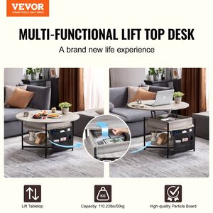35.3 in Round <b>White</b> Lift Top <b>Coffee</b> <b>Table</b> with Extra Storage Pockets Pop up <b>Coffee</b> <b>Table</b> for Living Room - Product Image 2