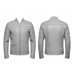 Blouson Bomber en Cuir Beige pour Homme, Col Montant, Fermeture Éclair, Épaules Matelassées, Style Sportif Moto Biker - Product Image 2
