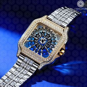 Charm Jewells Luxury Stainless Steel <b>Watch</b> Square Case Analog Quartz Movement <b>Diamond</b> Encrusted Band Unisex - Product Image 5