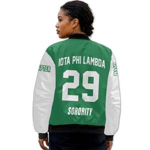 Blouson Bomber Universitaire Personnalisé pour Femme Iota Phi Lambda, Mélange Vert et Blanc, avec Écusson à Lettres Grecques et Fermeture Éclair au Dos - Product Image 2