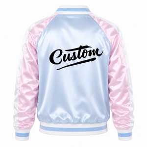 เสื้อแจ็คเก็ตบอมเบอร์ผู้ชายสีฟ้าอ่อนชมพูแบบมีแถบสีตัดกัน ปักโลโก้ด้านหน้า ปิดด้วยเชือกผูก ผ้าซาติน เหมาะสำหรับฤดูหนาว - Product Image 4