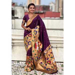 Sari en soie Paithani avec bordure large Zari tissée, concept vin et demi-couleur, vêtement indien/pakistanais, 700g Elite Weaves - Product Image 2