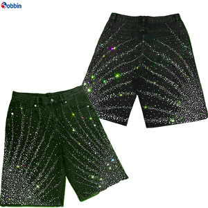 Pantalones Cortos de Mezclilla Tejida Estilo Hip Hop Casual de Verano con Lavado Vintage, Estampado Completo y Pedrería, Fabricación Personalizada, Pierna Recta para Hombre - Product Image 5