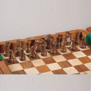 Handcrafted <b>Wooden</b> Folding <b>Chess</b> <b>Set</b> With Box Green Velvet Lined Compartments Portable Travel Board Game For Family Enjoyment - Product Image 6