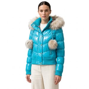 Chaqueta Acolchada Turquesa con Capucha con Ribete de Piel, Cierre de Cremallera en las Mangas Completas, Color Sólido, Impermeable, Térmica y Ecológica para Mujer - Product Image 4